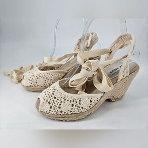 Steve Madden Fez Natural Macrame Crochet Espadrille Peep Toe and WRAP UP TIE 7.5